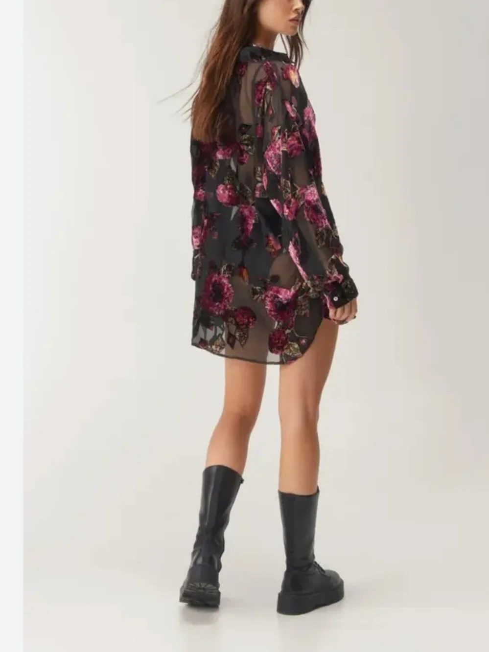 Nasty Gal Black Sheer Tunic with Magenta Floral Burnout Size 8 Oversize